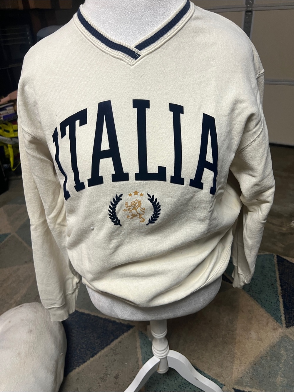 Hollister Cream V-Neck Sweater with Navy Italia Lettering